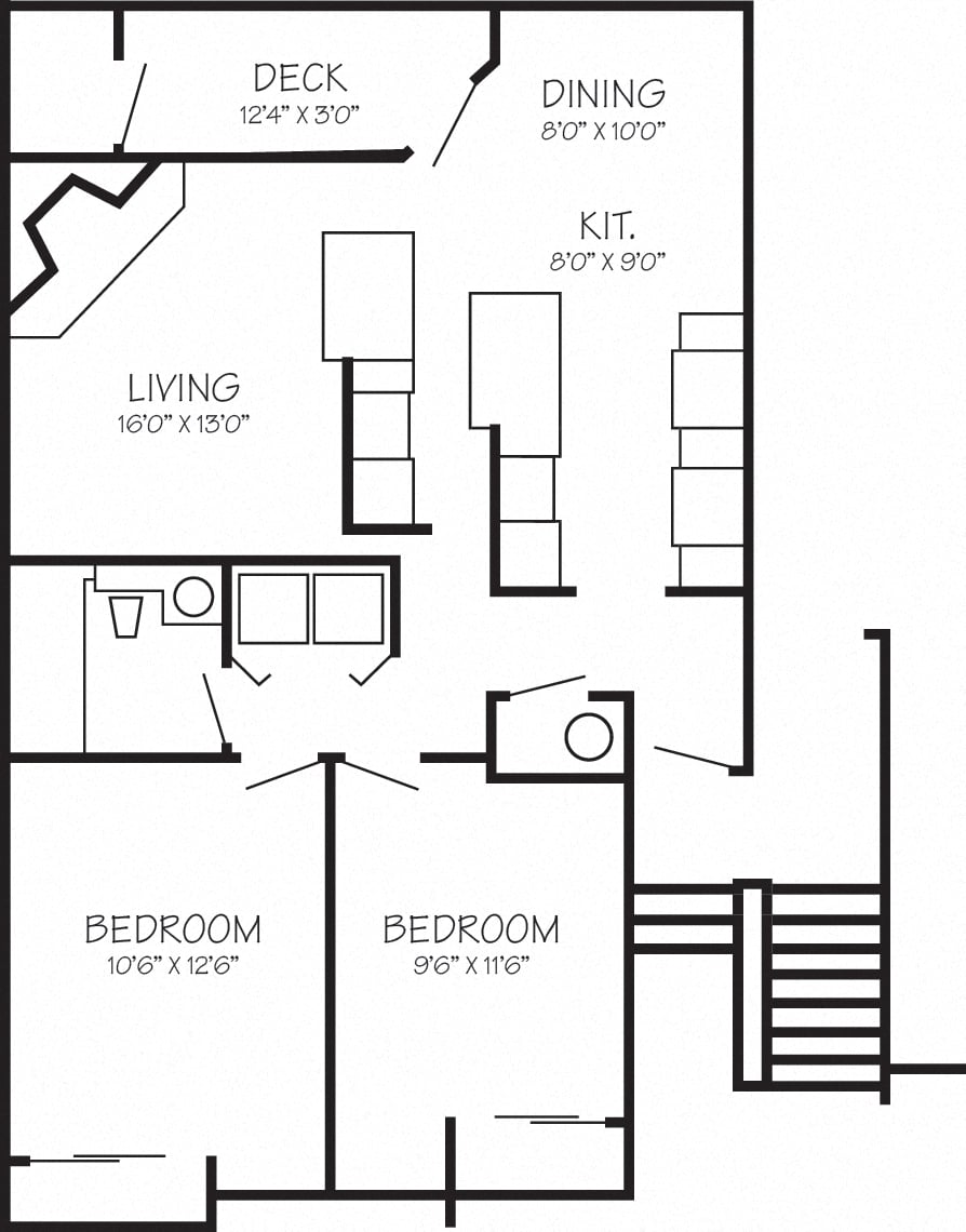 Floor plan for 2 beds, 1 bath, 865 sqft